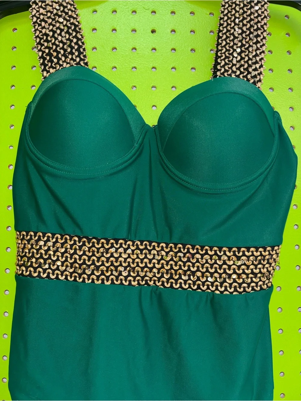 Emerald One-Piece Swimsuit with Gold Chain Trim